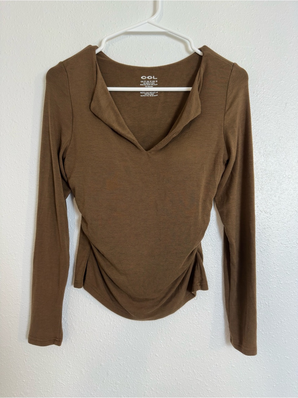 OGL Eco-Mousse® Flapped V-Neck Long Sleeve Ruched Bra Top